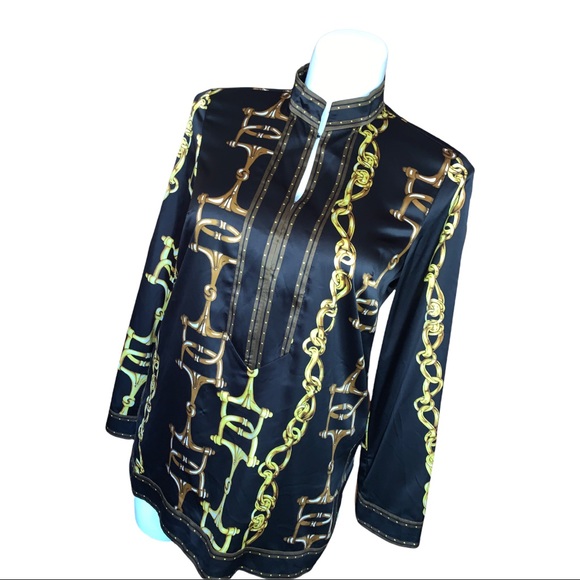 ECI New York Chain Print Satin Blouse Black Gold Long Sleeve Tunic Top 14 - Picture 11 of 16
